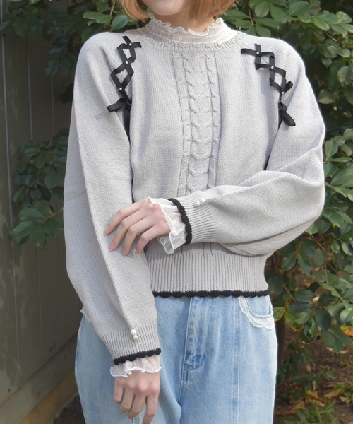 axes femme(アクシーズファム)の「レースアップニットPO(ニット/セーター・レディース・グレー/キナリ/ミント・FREE)」の2枚目の写真