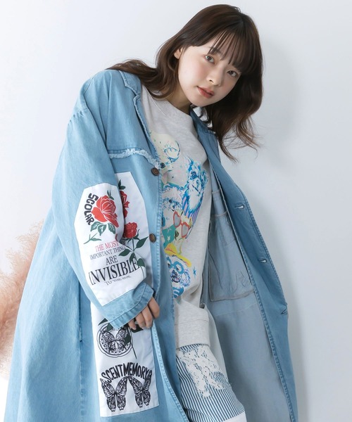 ScoLar(スカラー)の「161608:アップリケ×刺繍デニムorツイルロングコート(テーラードジャケット・レディース・ベージュ/ブルー・M)」の3枚目の写真