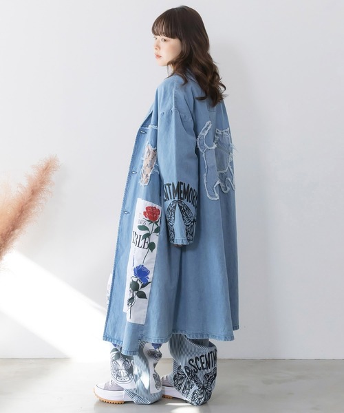 ScoLar(スカラー)の「161608:アップリケ×刺繍デニムorツイルロングコート(テーラードジャケット・レディース・ベージュ/ブルー・M)」の5枚目の写真