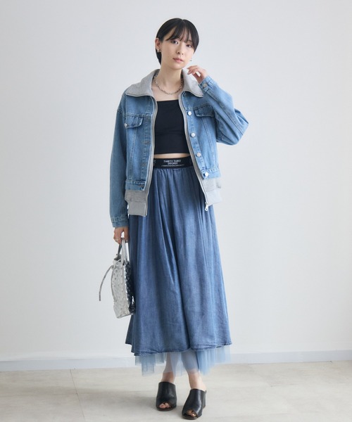 Paradise Picnic（パラダイスピクニック）の「33℃ テンセルデニムチュールレイヤードスカート（デニムスカート・レディース・ブルー/ブラック・FREE）」の15枚目の写真