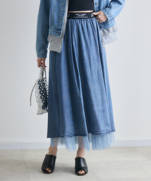 Paradise Picnic（パラダイスピクニック）の「33℃ テンセルデニムチュールレイヤードスカート（デニムスカート・レディース・ブルー/ブラック・FREE）」の11枚目の写真