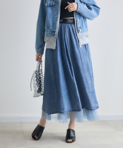 Paradise Picnic（パラダイスピクニック）の「33℃ テンセルデニムチュールレイヤードスカート（デニムスカート・レディース・ブルー/ブラック・FREE）」の13枚目の写真