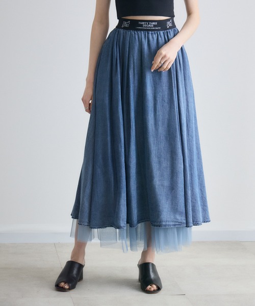 Paradise Picnic（パラダイスピクニック）の「33℃ テンセルデニムチュールレイヤードスカート（デニムスカート・レディース・ブルー/ブラック・FREE）」の14枚目の写真
