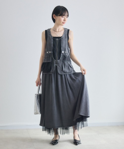 Paradise Picnic（パラダイスピクニック）の「33℃ テンセルデニムチュールレイヤードスカート（デニムスカート・レディース・ブルー/ブラック・FREE）」の7枚目の写真