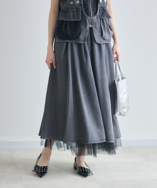 Paradise Picnic（パラダイスピクニック）の「33℃ テンセルデニムチュールレイヤードスカート（デニムスカート・レディース・ブルー/ブラック・FREE）」の3枚目の写真