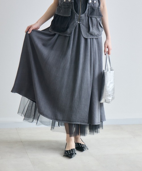 Paradise Picnic（パラダイスピクニック）の「33℃ テンセルデニムチュールレイヤードスカート（デニムスカート・レディース・ブルー/ブラック・FREE）」の4枚目の写真