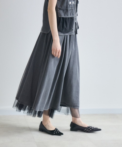 Paradise Picnic（パラダイスピクニック）の「33℃ テンセルデニムチュールレイヤードスカート（デニムスカート・レディース・ブルー/ブラック・FREE）」の5枚目の写真