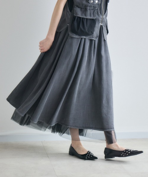 Paradise Picnic（パラダイスピクニック）の「33℃ テンセルデニムチュールレイヤードスカート（デニムスカート・レディース・ブルー/ブラック・FREE）」の6枚目の写真