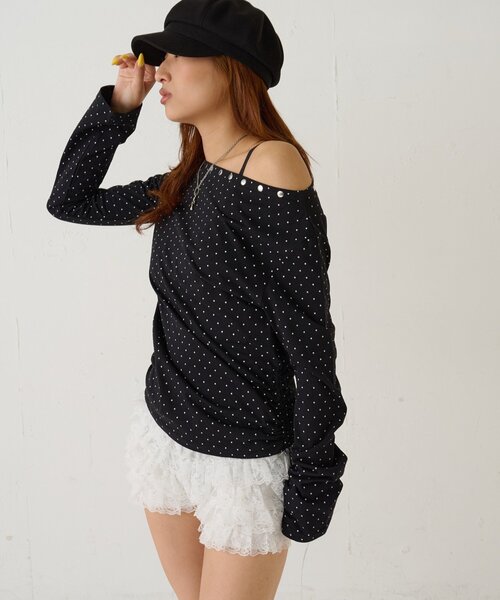 WHO'S WHO gallery（フーズフーギャラリー）の「スタッズオフショルL/Sトップス(ドット/ボーダー)（Tシャツ/カットソー・レディース・チャコールグレー/ブラック/ホワイト/ホワイト系その他・FREE）」の13枚目の写真