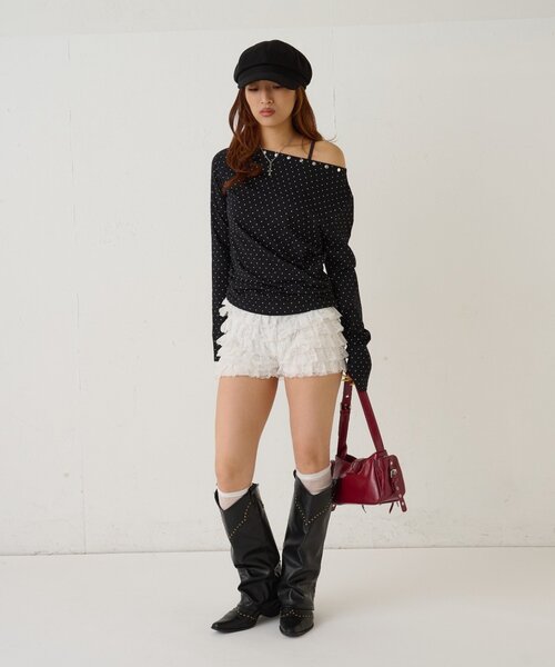 WHO'S WHO gallery（フーズフーギャラリー）の「スタッズオフショルL/Sトップス(ドット/ボーダー)（Tシャツ/カットソー・レディース・チャコールグレー/ブラック/ホワイト/ホワイト系その他・FREE）」の15枚目の写真