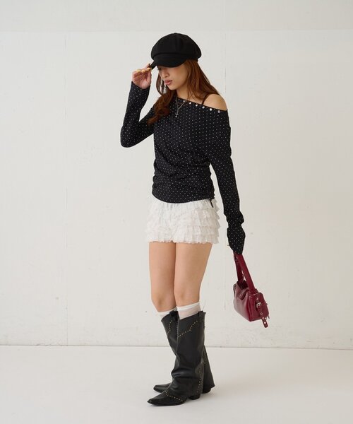 WHO'S WHO gallery（フーズフーギャラリー）の「スタッズオフショルL/Sトップス(ドット/ボーダー)（Tシャツ/カットソー・レディース・チャコールグレー/ブラック/ホワイト/ホワイト系その他・FREE）」の16枚目の写真