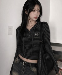 A'GEM/9 × .kom 『MUCENT/ムセント』 ASTON STRIPE SLIM HOOD T/ボーダースリームフーディートップス