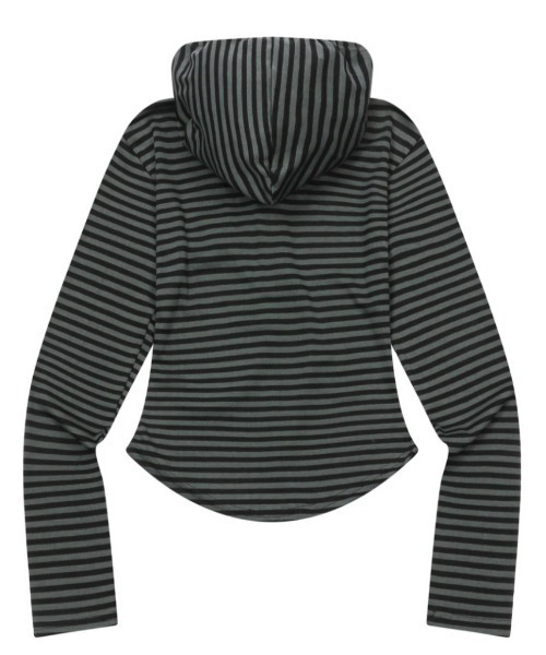 MUCENT(ムセント)の「A'GEM/9 × .kom 『MUCENT/ムセント』 ASTON STRIPE SLIM HOOD T/ボーダースリームフーディートップス(Tシャツ/カットソー・レディース・ブラック×グレー・FREE)」の3枚目の写真