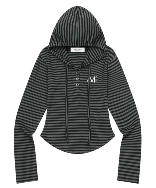 MUCENT(ムセント)の「A'GEM/9 × .kom 『MUCENT/ムセント』 ASTON STRIPE SLIM HOOD T/ボーダースリームフーディートップス(Tシャツ/カットソー・レディース・ブラック×グレー・FREE)」の6枚目の写真