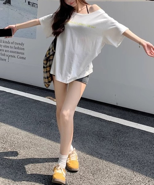 meJane（ミージェーン）の「オフショルライク ルーズシルエット ロゴＴシャツ（Tシャツ/カットソー・レディース・ネイビー/グレー/ホワイト・FREE）」の6枚目の写真