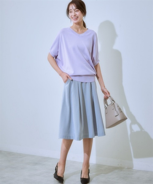 7days Life Styling(セブンデイズライフスタイリング)の「【吸汗速乾】ポケット付タックフレアスカート(ストレッチコードレーンシリーズ)(スーツスカート・レディース・ネイビー系/ネイビー×ホワイト・L/LL/3L/S/M/4L/5L/6L/8L)」の7枚目の写真