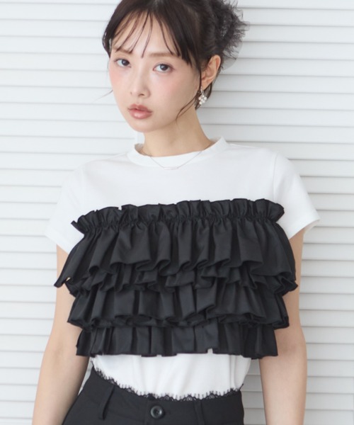 krahe（クレーエ）の「ティアードフリルドッキングTシャツ（Tシャツ/カットソー・レディース・ベージュ/ブラック・FREE）」の7枚目の写真