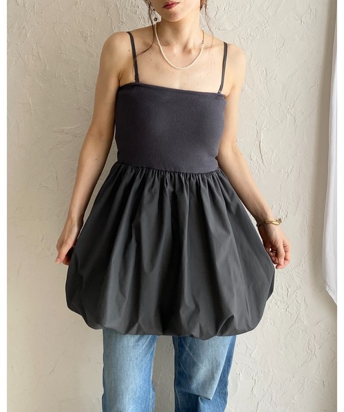 She's Closet(シーズクローゼット)の「カップ付き 2WAY バルーン キャミソール チュニック ミニワンピース(チュニック・レディース・ブラック/ホワイト×ブラック/ホワイト/チャコールグレー・FREE)」の4枚目の写真