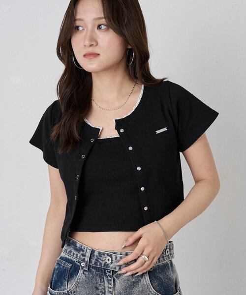 mline（エムライン）の「【着回し万能】[mline]レースポイントカーデ（Tシャツ/カットソー・レディース・グレー/ブルー/ネイビー/ピンク/ブラック・FREE）」の2枚目の写真