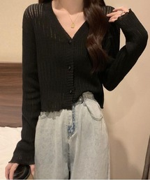 透かし編みランダムリブVネックショート丈カーディガン