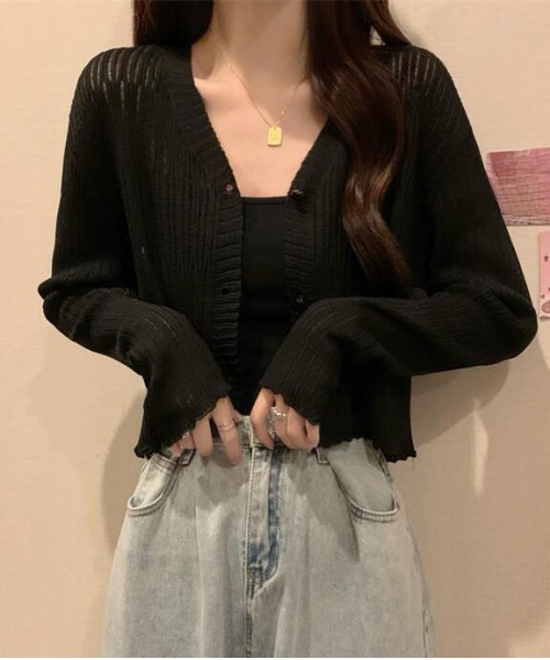 ＆soiree（アンドソワレ）の「透かし編みランダムリブVネックショート丈カーディガン（カーディガン/ボレロ・レディース・アイボリー/ブラック/サックスブルー/オフホワイト/ブラウン・FREE）」の6枚目の写真