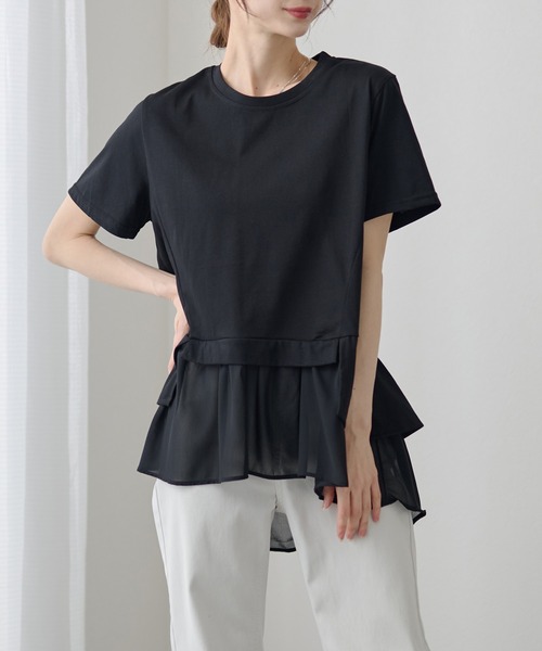 DAYRA(デイラ)の「シアー ドッキング 半袖 フレア プルオーバー(Tシャツ/カットソー・レディース・ブラック/ホワイト/グレー・FREE)」の1枚目の写真