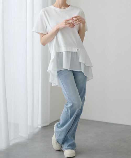 DAYRA(デイラ)の「シアー ドッキング 半袖 フレア プルオーバー(Tシャツ/カットソー・レディース・ブラック/ホワイト/グレー・FREE)」の6枚目の写真