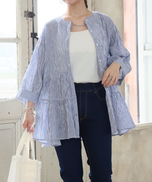 A HAPPY MARILYN(アハッピーマリリン)の「【風通るプレミアム】綿 楊柳 七分袖 ティアード ブラウス(シャツ/ブラウス・レディース・グリーン系/ブラック/チャコール/ライトベージュ/ライトカーキ/ネイビー系/ネイビー/ブルー系/チェック/プラム・3L~4L/5L~6L/L~LL)」の8枚目の写真