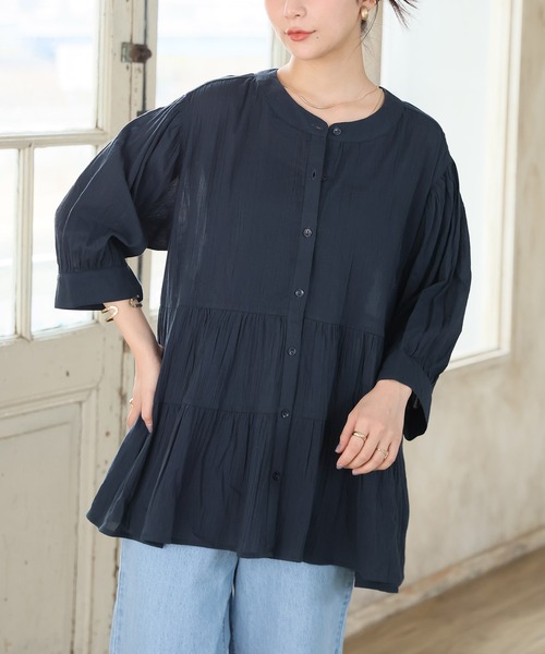 A HAPPY MARILYN(アハッピーマリリン)の「【風通るプレミアム】綿 楊柳 七分袖 ティアード ブラウス(シャツ/ブラウス・レディース・グリーン系/ブラック/チャコール/ライトベージュ/ライトカーキ/ネイビー系/ネイビー/ブルー系/チェック/プラム・3L~4L/5L~6L/L~LL)」の21枚目の写真
