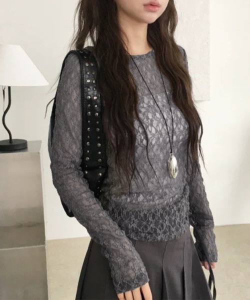 Miniministore（ミニミニストア）の「シアーレーストップス 長袖レースインナー（Tシャツ/カットソー・レディース・ホワイト/ダークグレー/ブラック・FREE）」の20枚目の写真