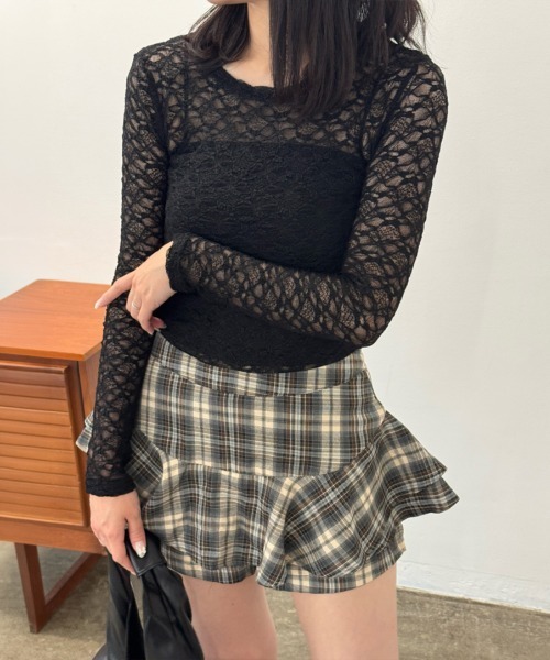 Miniministore（ミニミニストア）の「シアーレーストップス 長袖レースインナー（Tシャツ/カットソー・レディース・ホワイト/ダークグレー/ブラック・FREE）」の15枚目の写真
