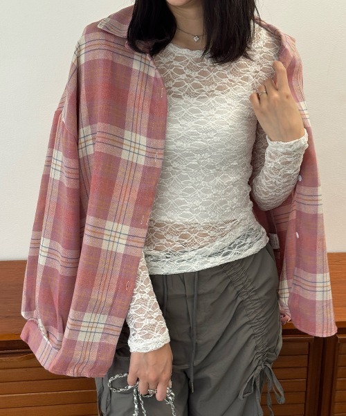 Miniministore（ミニミニストア）の「シアーレーストップス 長袖レースインナー（Tシャツ/カットソー・レディース・ホワイト/ダークグレー/ブラック・FREE）」の7枚目の写真