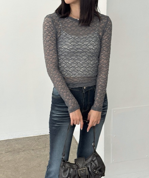 Miniministore（ミニミニストア）の「シアーレーストップス 長袖レースインナー（Tシャツ/カットソー・レディース・ホワイト/ダークグレー/ブラック・FREE）」の5枚目の写真