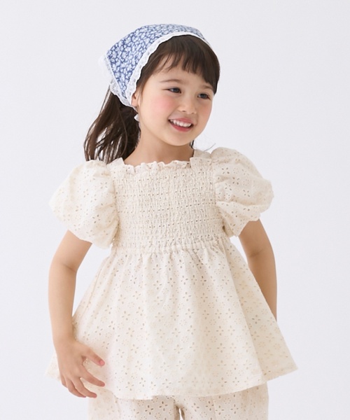 petit main(プティマイン)の「【リンク】レースパフチュニック(チュニック・キッズ・アイボリー/サックスブルー/ブラウン・90cm/120cm/110cm/100cm/80cm/130cm)」の1枚目の写真