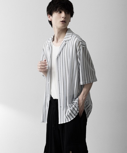 RUUBON（ルーボン）の「【RUUBON】sheer wave stripe shirt / シアーウェーブストライプシャツ（シャツ/ブラウス・メンズ・ベージュ/ライトブルー・L/M/S）」の4枚目の写真
