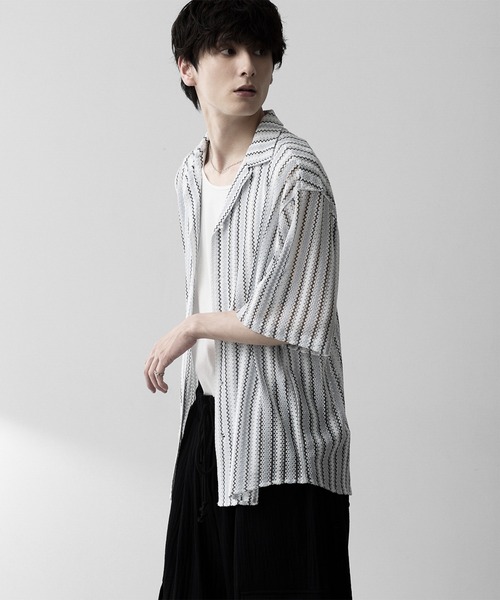 RUUBON（ルーボン）の「【RUUBON】sheer wave stripe shirt / シアーウェーブストライプシャツ（シャツ/ブラウス・メンズ・ベージュ/ライトブルー・L/M/S）」の5枚目の写真