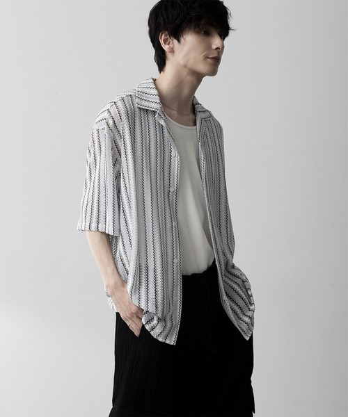 RUUBON（ルーボン）の「【RUUBON】sheer wave stripe shirt / シアーウェーブストライプシャツ（シャツ/ブラウス・メンズ・ベージュ/ライトブルー・L/M/S）」の6枚目の写真