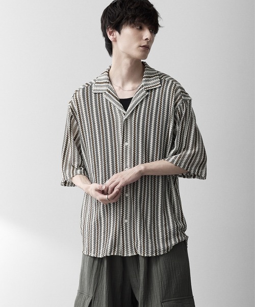 RUUBON（ルーボン）の「【RUUBON】sheer wave stripe shirt / シアーウェーブストライプシャツ（シャツ/ブラウス・メンズ・ベージュ/ライトブルー・L/M/S）」の8枚目の写真