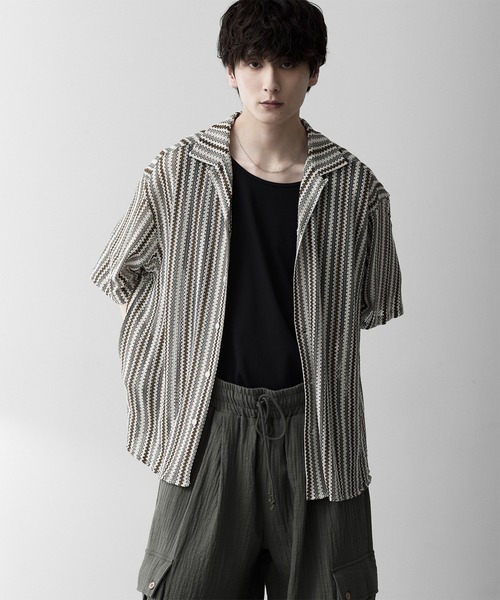 RUUBON（ルーボン）の「【RUUBON】sheer wave stripe shirt / シアーウェーブストライプシャツ（シャツ/ブラウス・メンズ・ベージュ/ライトブルー・L/M/S）」の9枚目の写真
