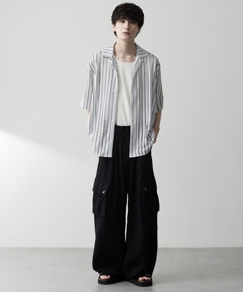 RUUBON（ルーボン）の「【RUUBON】sheer wave stripe shirt / シアーウェーブストライプシャツ（シャツ/ブラウス・メンズ・ベージュ/ライトブルー・L/M/S）」の13枚目の写真