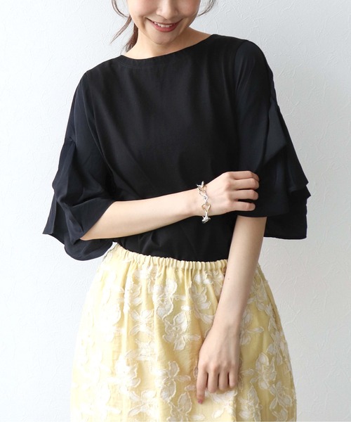 Jines（ジネス）の「コットンシルケット天竺フレアスリーブトップス（Tシャツ/カットソー・レディース・オレンジ/ブラック/ホワイト・38）」の2枚目の写真