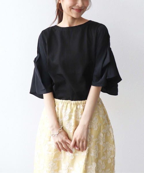 Jines（ジネス）の「コットンシルケット天竺フレアスリーブトップス（Tシャツ/カットソー・レディース・オレンジ/ブラック/ホワイト・38）」の7枚目の写真
