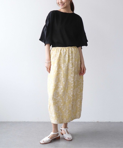 Jines（ジネス）の「コットンシルケット天竺フレアスリーブトップス（Tシャツ/カットソー・レディース・オレンジ/ブラック/ホワイト・38）」の9枚目の写真