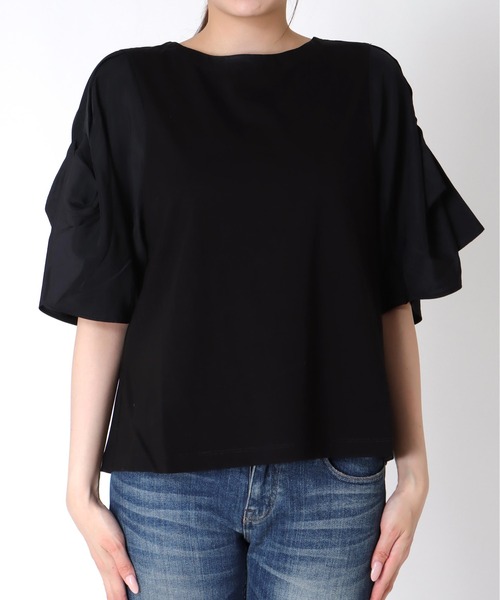 Jines（ジネス）の「コットンシルケット天竺フレアスリーブトップス（Tシャツ/カットソー・レディース・オレンジ/ブラック/ホワイト・38）」の15枚目の写真