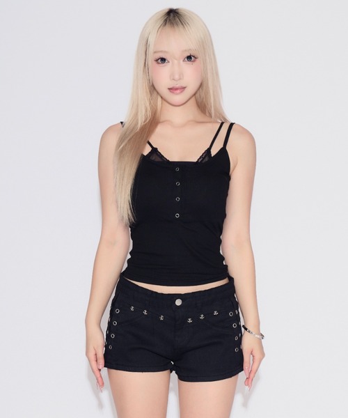 tinkerend（ティンカーエンド）の「【カップ付き】Fake Layered Frill lace Camisole / フェイクレイヤードフリルレースキャミソール（キャミソール・レディース・ホワイト/ブラック・FREE）」の19枚目の写真