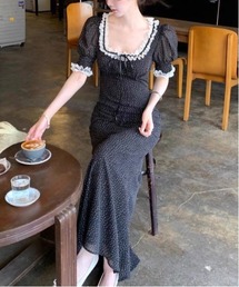 Uネックリボン付きドット柄シアーワンピース
