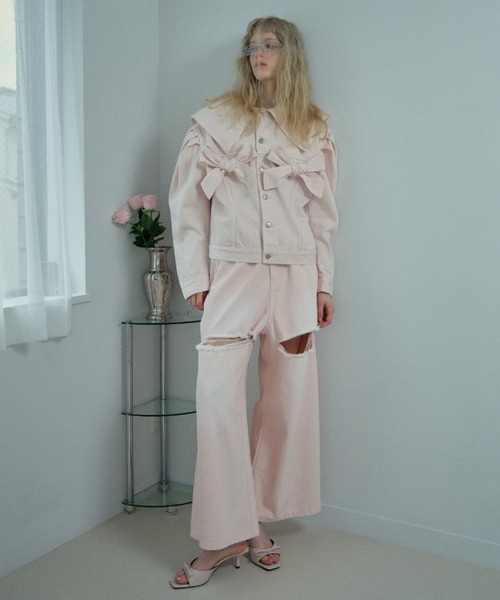 HONEY MI HONEY（ハニーミーハニー）の「ribbon sailor collar denim jacket（デニムジャケット・レディース・ブラック/ピンク/サックスブルー・FREE）」の5枚目の写真