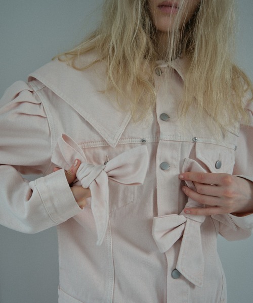 HONEY MI HONEY（ハニーミーハニー）の「ribbon sailor collar denim jacket（デニムジャケット・レディース・ブラック/ピンク/サックスブルー・FREE）」の6枚目の写真