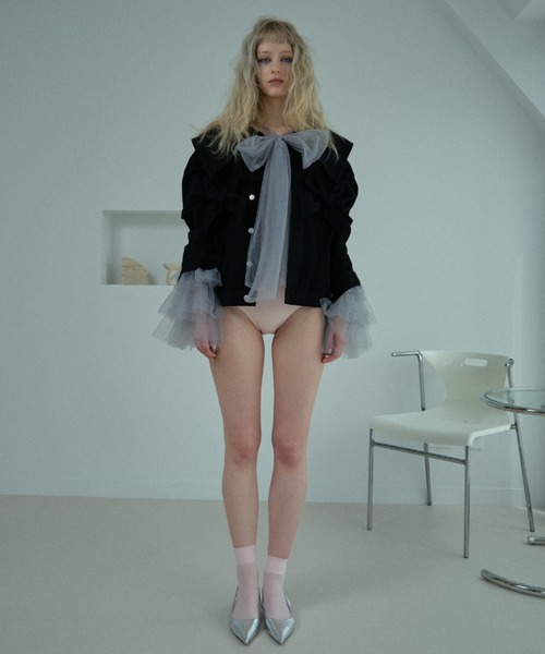 HONEY MI HONEY（ハニーミーハニー）の「ribbon sailor collar denim jacket（デニムジャケット・レディース・ブラック/ピンク/サックスブルー・FREE）」の9枚目の写真