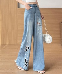 バタフライモチーフ入りストレートデニムパンツ